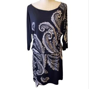 WHBM | Women's black with white paisley print drop-waist evening dress. Size S.